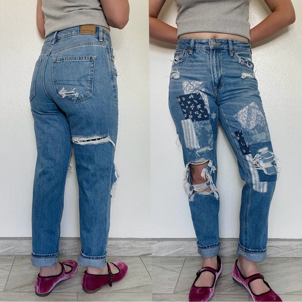 American Eagle | Patchwork Distressed Mom Straight Jeans